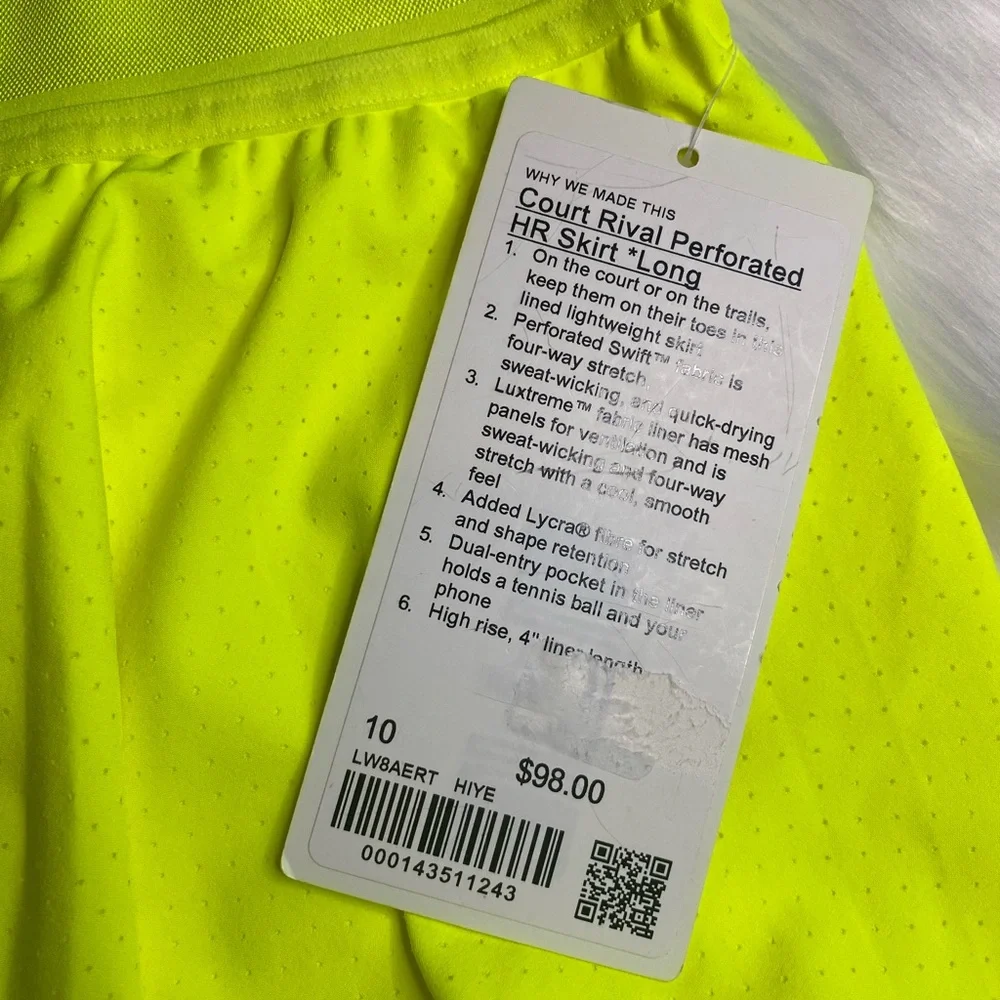 Lululemon Court Rival Perforated HR skirt*long Size 10 Yellow HIYE NWT - Picture 2 of 6